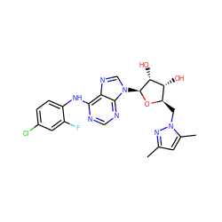 Cc1cc(C)n(C[C@H]2O[C@@H](n3cnc4c(Nc5ccc(Cl)cc5F)ncnc43)[C@H](O)[C@@H]2O)n1 ZINC001772640884