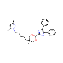 Cc1cc(C)n(CCCCCC2(C)COC(c3nc(-c4ccccc4)c(-c4ccccc4)[nH]3)OC2)n1 ZINC000013755452