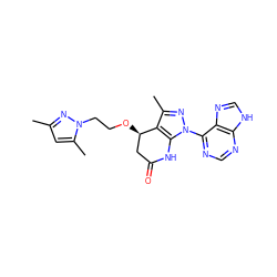 Cc1cc(C)n(CCO[C@@H]2CC(=O)Nc3c2c(C)nn3-c2ncnc3[nH]cnc23)n1 ZINC001772616978