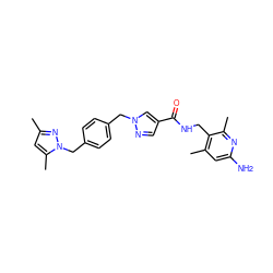 Cc1cc(C)n(Cc2ccc(Cn3cc(C(=O)NCc4c(C)cc(N)nc4C)cn3)cc2)n1 ZINC000114079099