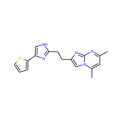 Cc1cc(C)n2cc(CCc3nc(-c4cccs4)c[nH]3)nc2n1 ZINC000117848279