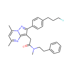 Cc1cc(C)n2nc(-c3ccc(CCCF)cc3)c(CC(=O)N(C)CCc3ccccc3)c2n1 ZINC001772618907