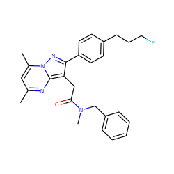 Cc1cc(C)n2nc(-c3ccc(CCCF)cc3)c(CC(=O)N(C)Cc3ccccc3)c2n1 ZINC001772614927