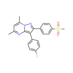 Cc1cc(C)n2nc(-c3ccc(S(C)(=O)=O)cc3)c(-c3ccc(F)cc3)c2n1 ZINC000013861593