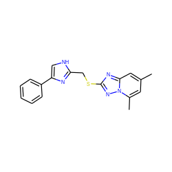 Cc1cc(C)n2nc(SCc3nc(-c4ccccc4)c[nH]3)nc2c1 ZINC000113425805