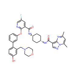 Cc1cc(C)n2ncc(C(=O)N[C@H]3CC[C@@H](NC(=O)c4cc(F)cnc4Oc4cccc(-c5ccc(O)cc5CN5CCOCC5)c4)CC3)c2n1 ZINC000261164497