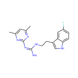 Cc1cc(C)nc(/N=C(/N)NCCc2c[nH]c3ccc(F)cc23)n1 ZINC000012652570