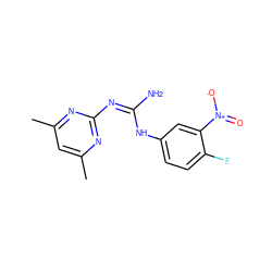 Cc1cc(C)nc(/N=C(/N)Nc2ccc(F)c([N+](=O)[O-])c2)n1 ZINC000013151568