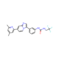 Cc1cc(C)nc(-c2ccn3c(-c4cccc(NC(=O)NCC(F)(F)F)c4)cnc3c2)c1 ZINC000139607603