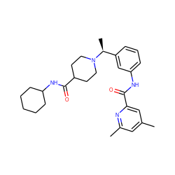 Cc1cc(C)nc(C(=O)Nc2cccc([C@H](C)N3CCC(C(=O)NC4CCCCC4)CC3)c2)c1 ZINC001772592339