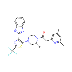 Cc1cc(C)nc(CC(=O)N2CCN(c3sc(C(F)(F)F)nc3-c3nc4ccccc4[nH]3)C[C@H]2C)c1 ZINC000143755437