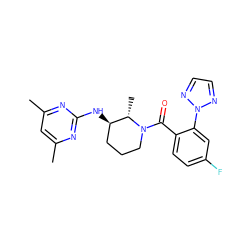 Cc1cc(C)nc(N[C@@H]2CCCN(C(=O)c3ccc(F)cc3-n3nccn3)[C@H]2C)n1 ZINC000220736790