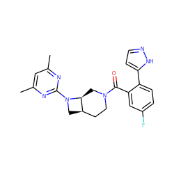 Cc1cc(C)nc(N2C[C@@H]3CCN(C(=O)c4cc(F)ccc4-c4ccn[nH]4)C[C@@H]32)n1 ZINC000116824746