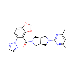 Cc1cc(C)nc(N2C[C@H]3CN(C(=O)c4c(-n5nccn5)ccc5c4OCO5)C[C@H]3C2)n1 ZINC000116824573