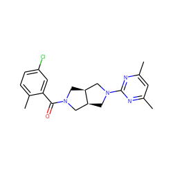 Cc1cc(C)nc(N2C[C@H]3CN(C(=O)c4cc(Cl)ccc4C)C[C@H]3C2)n1 ZINC000116824014