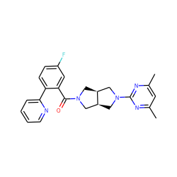 Cc1cc(C)nc(N2C[C@H]3CN(C(=O)c4cc(F)ccc4-c4ccccn4)C[C@H]3C2)n1 ZINC000167185694