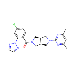 Cc1cc(C)nc(N2C[C@H]3CN(C(=O)c4ccc(Cl)cc4-n4nccn4)C[C@H]3C2)n1 ZINC000116821603