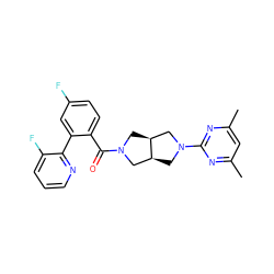 Cc1cc(C)nc(N2C[C@H]3CN(C(=O)c4ccc(F)cc4-c4ncccc4F)C[C@H]3C2)n1 ZINC000167188153