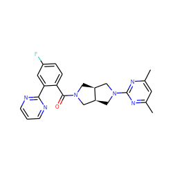 Cc1cc(C)nc(N2C[C@H]3CN(C(=O)c4ccc(F)cc4-c4ncccn4)C[C@H]3C2)n1 ZINC000167113254