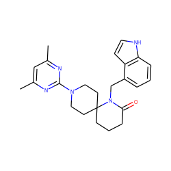 Cc1cc(C)nc(N2CCC3(CCCC(=O)N3Cc3cccc4[nH]ccc34)CC2)n1 ZINC000096285056