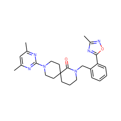 Cc1cc(C)nc(N2CCC3(CCCN(Cc4ccccc4-c4nc(C)no4)C3=O)CC2)n1 ZINC000096282651