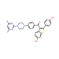 Cc1cc(C)nc(N2CCN(c3ccc(C(=O)c4c(-c5ccc(O)cc5)sc5cc(O)ccc45)cc3)CC2)n1 ZINC000028134381