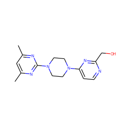 Cc1cc(C)nc(N2CCN(c3ccnc(CO)n3)CC2)n1 ZINC000013472141