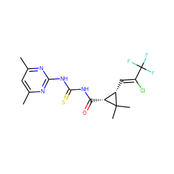 Cc1cc(C)nc(NC(=S)NC(=O)[C@@H]2[C@H](/C=C(\Cl)C(F)(F)F)C2(C)C)n1 ZINC000040864233