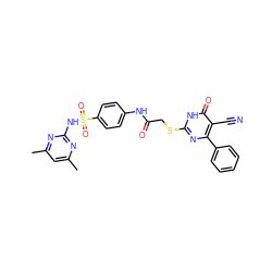 Cc1cc(C)nc(NS(=O)(=O)c2ccc(NC(=O)CSc3nc(-c4ccccc4)c(C#N)c(=O)[nH]3)cc2)n1 ZINC000017357259