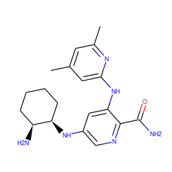 Cc1cc(C)nc(Nc2cc(N[C@@H]3CCCC[C@@H]3N)cnc2C(N)=O)c1 ZINC000204909472