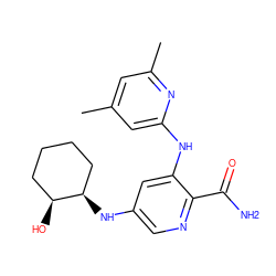 Cc1cc(C)nc(Nc2cc(N[C@@H]3CCCC[C@@H]3O)cnc2C(N)=O)c1 ZINC000299859143