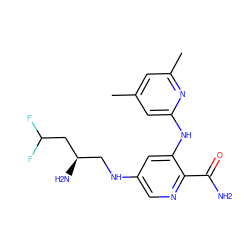 Cc1cc(C)nc(Nc2cc(NC[C@@H](N)CC(F)F)cnc2C(N)=O)c1 ZINC000299861476