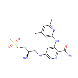 Cc1cc(C)nc(Nc2cc(NC[C@@H](N)CCS(C)(=O)=O)cnc2C(N)=O)c1 ZINC000221750602