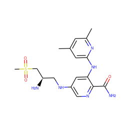 Cc1cc(C)nc(Nc2cc(NC[C@@H](N)CS(C)(=O)=O)cnc2C(N)=O)c1 ZINC000221749845