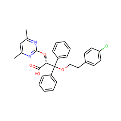 Cc1cc(C)nc(O[C@@H](C(=O)O)C(OCCc2ccc(Cl)cc2)(c2ccccc2)c2ccccc2)n1 ZINC000013799601