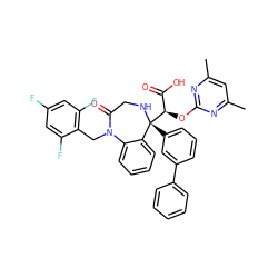 Cc1cc(C)nc(O[C@H](C(=O)O)[C@@]2(c3cccc(-c4ccccc4)c3)NCC(=O)N(Cc3c(F)cc(F)cc3F)c3ccccc32)n1 ZINC000026670561