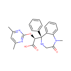 Cc1cc(C)nc(O[C@H](C(=O)O)[C@@]2(c3ccccc3)NCC(=O)N(C)c3ccccc32)n1 ZINC000013561023