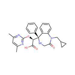 Cc1cc(C)nc(O[C@H](C(=O)O)[C@@]2(c3ccccc3)NCC(=O)N(CC3CC3)c3ccccc32)n1 ZINC000013561036