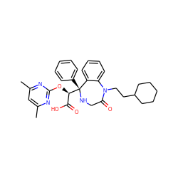 Cc1cc(C)nc(O[C@H](C(=O)O)[C@@]2(c3ccccc3)NCC(=O)N(CCC3CCCCC3)c3ccccc32)n1 ZINC000013561038