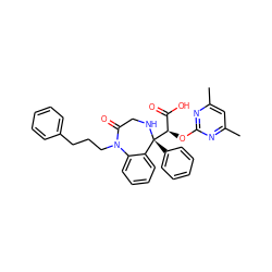 Cc1cc(C)nc(O[C@H](C(=O)O)[C@@]2(c3ccccc3)NCC(=O)N(CCCc3ccccc3)c3ccccc32)n1 ZINC000026670864