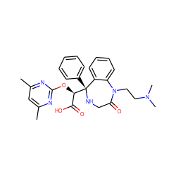 Cc1cc(C)nc(O[C@H](C(=O)O)[C@@]2(c3ccccc3)NCC(=O)N(CCN(C)C)c3ccccc32)n1 ZINC000013561040