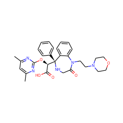 Cc1cc(C)nc(O[C@H](C(=O)O)[C@@]2(c3ccccc3)NCC(=O)N(CCN3CCOCC3)c3ccccc32)n1 ZINC000013561039