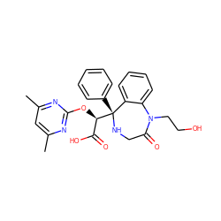 Cc1cc(C)nc(O[C@H](C(=O)O)[C@@]2(c3ccccc3)NCC(=O)N(CCO)c3ccccc32)n1 ZINC000013561041