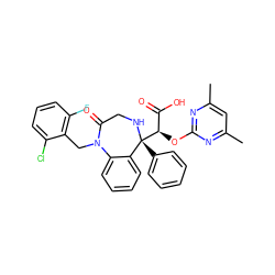 Cc1cc(C)nc(O[C@H](C(=O)O)[C@@]2(c3ccccc3)NCC(=O)N(Cc3c(F)cccc3Cl)c3ccccc32)n1 ZINC000026674845