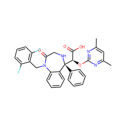 Cc1cc(C)nc(O[C@H](C(=O)O)[C@@]2(c3ccccc3)NCC(=O)N(Cc3c(F)cccc3F)c3ccccc32)n1 ZINC000026667645