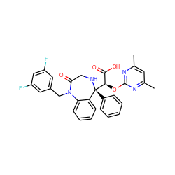 Cc1cc(C)nc(O[C@H](C(=O)O)[C@@]2(c3ccccc3)NCC(=O)N(Cc3cc(F)cc(F)c3)c3ccccc32)n1 ZINC000026674460