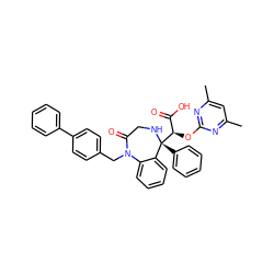 Cc1cc(C)nc(O[C@H](C(=O)O)[C@@]2(c3ccccc3)NCC(=O)N(Cc3ccc(-c4ccccc4)cc3)c3ccccc32)n1 ZINC000026671093