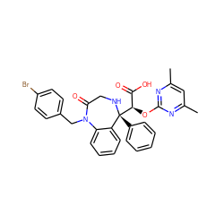 Cc1cc(C)nc(O[C@H](C(=O)O)[C@@]2(c3ccccc3)NCC(=O)N(Cc3ccc(Br)cc3)c3ccccc32)n1 ZINC000026671356