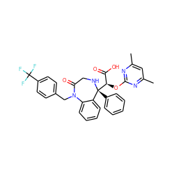 Cc1cc(C)nc(O[C@H](C(=O)O)[C@@]2(c3ccccc3)NCC(=O)N(Cc3ccc(C(F)(F)F)cc3)c3ccccc32)n1 ZINC000026665876