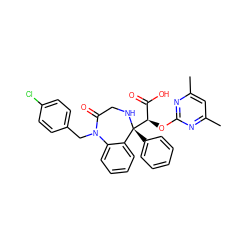 Cc1cc(C)nc(O[C@H](C(=O)O)[C@@]2(c3ccccc3)NCC(=O)N(Cc3ccc(Cl)cc3)c3ccccc32)n1 ZINC000026673851